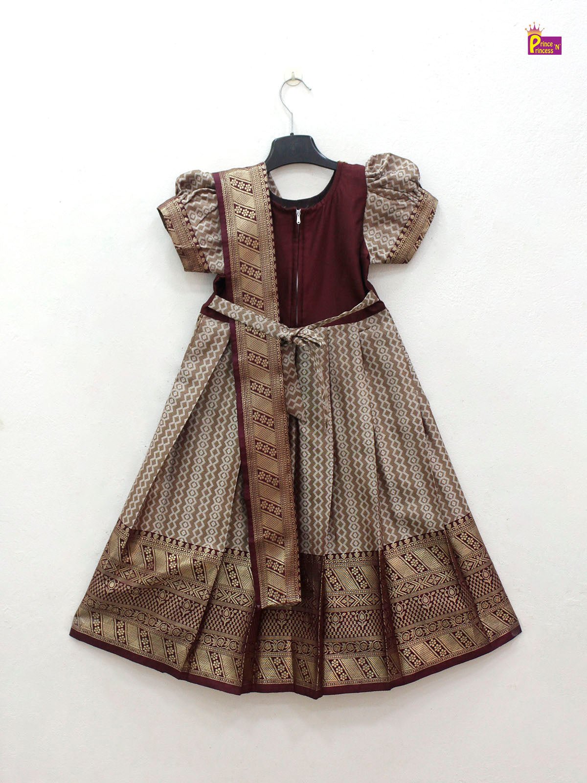 maroon banarasi pattu gown semi saree pleat aari work festival wear princenprincess