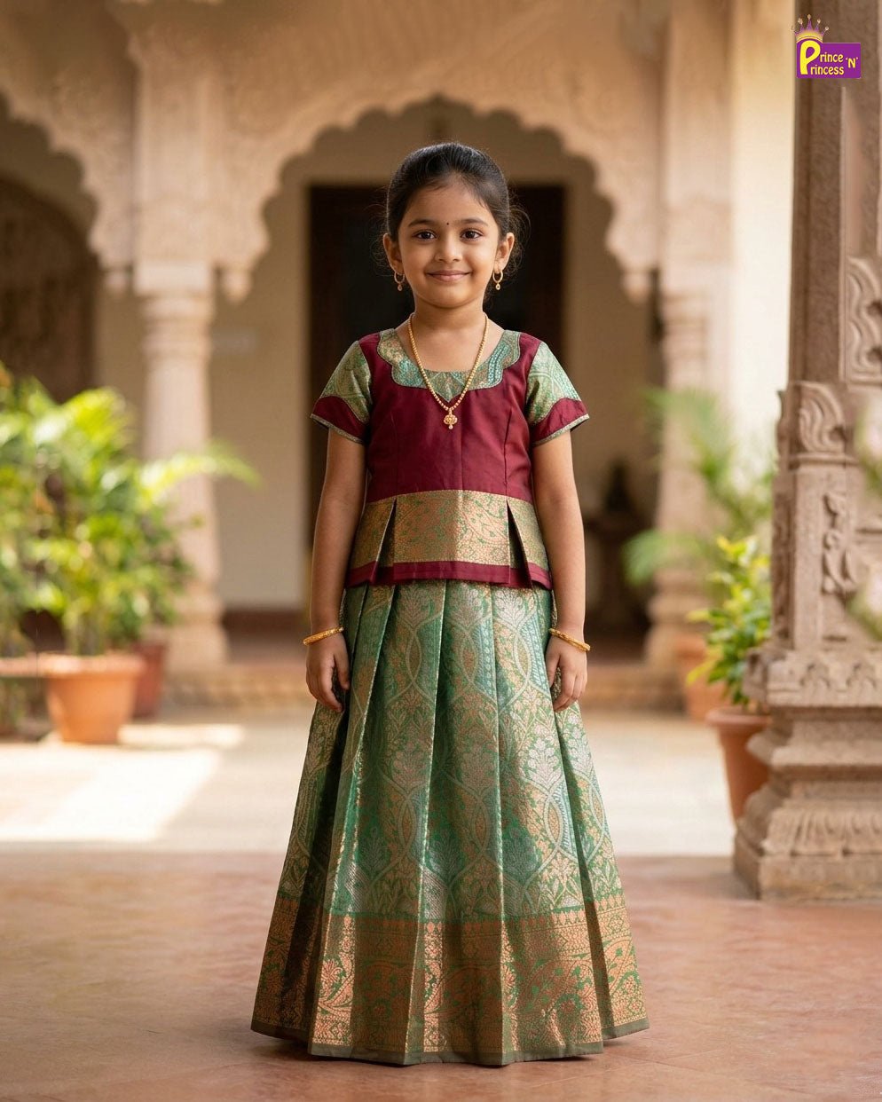 Kids Maroon and Green Designer Pattu Pavadai PPP1398 for kids festival wear
