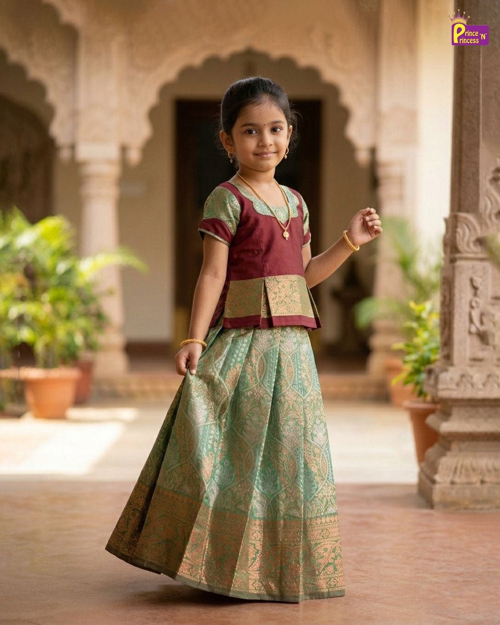Kids Maroon and Green Designer Pattu Pavadai PPP1398 - Prince N Princess