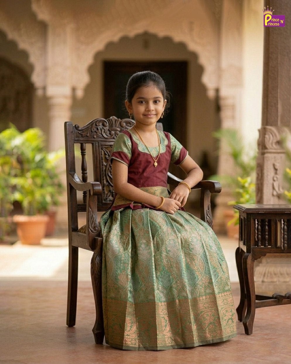 Kids Maroon and Green Designer Pattu Pavadai PPP1398 - Prince N Princess