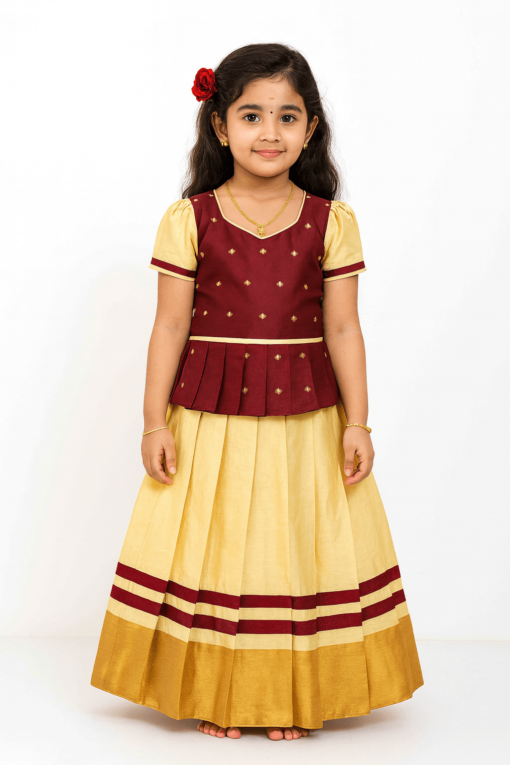 Kids Maroon And Half white Traditional Pattu Pavadai PPP1256 - Prince N Princess