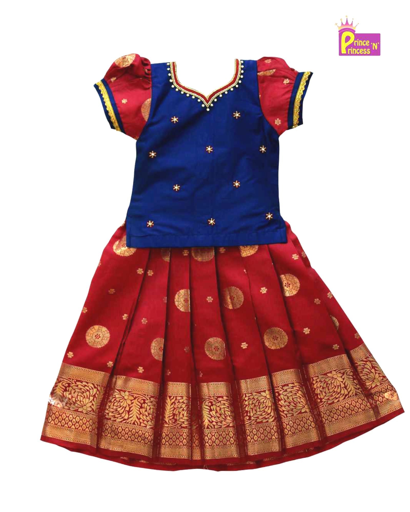 Kids Maroon Blue Grand Aari Work Pattu Pavadai PPP1097 - Prince N Princess