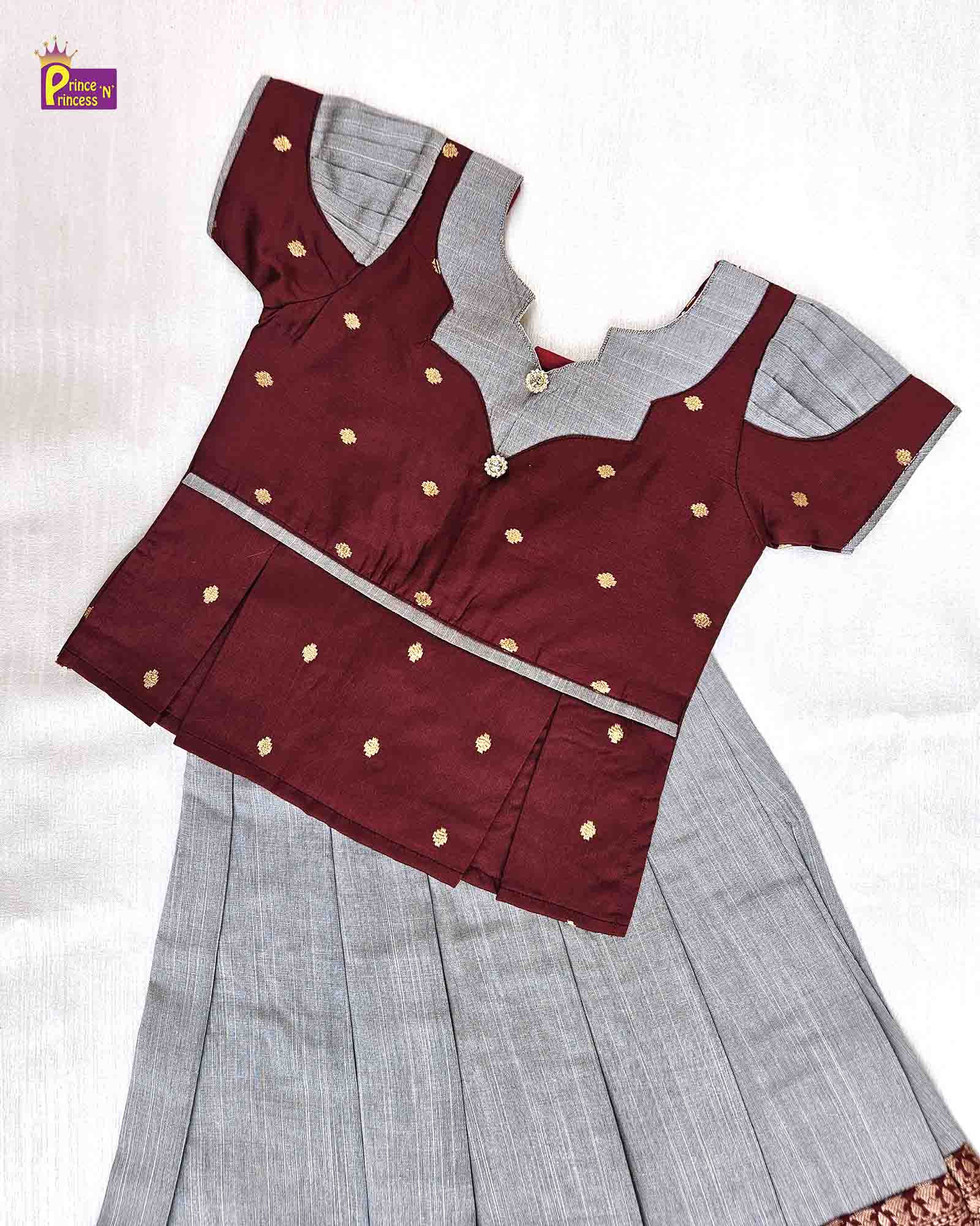 Kids Maroon Grey Traditional Pattu pavadai PPP1509 - Prince N Princess