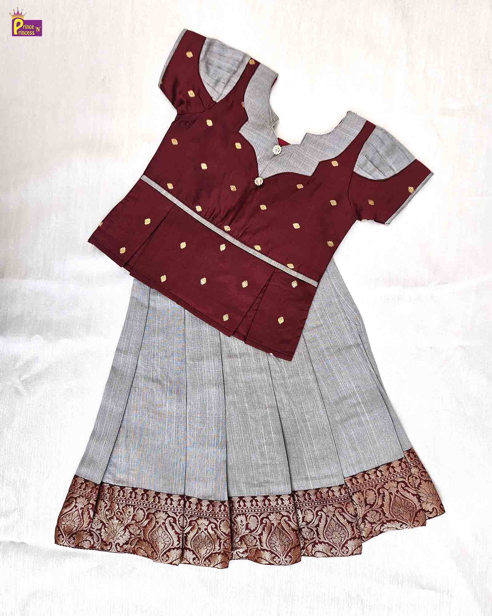 Kids Maroon Grey Traditional Pattu pavadai PPP1509 - Prince N Princess