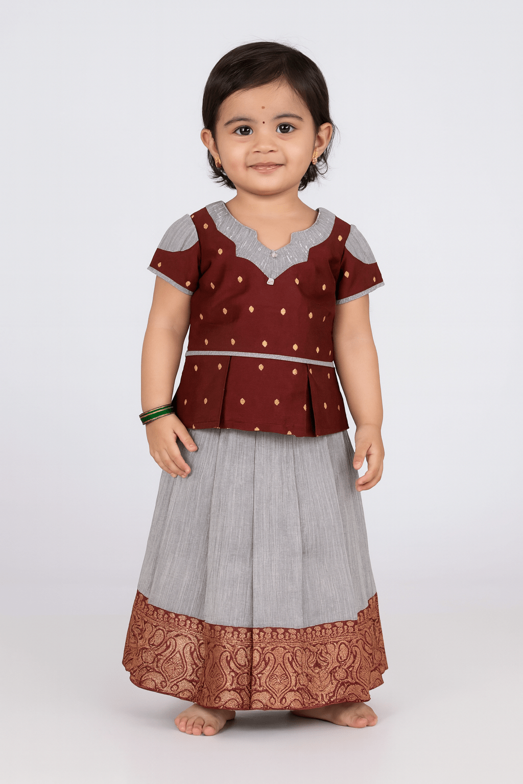 Kids Maroon Grey Traditional Pattu pavadai PPP1509 - Prince N Princess