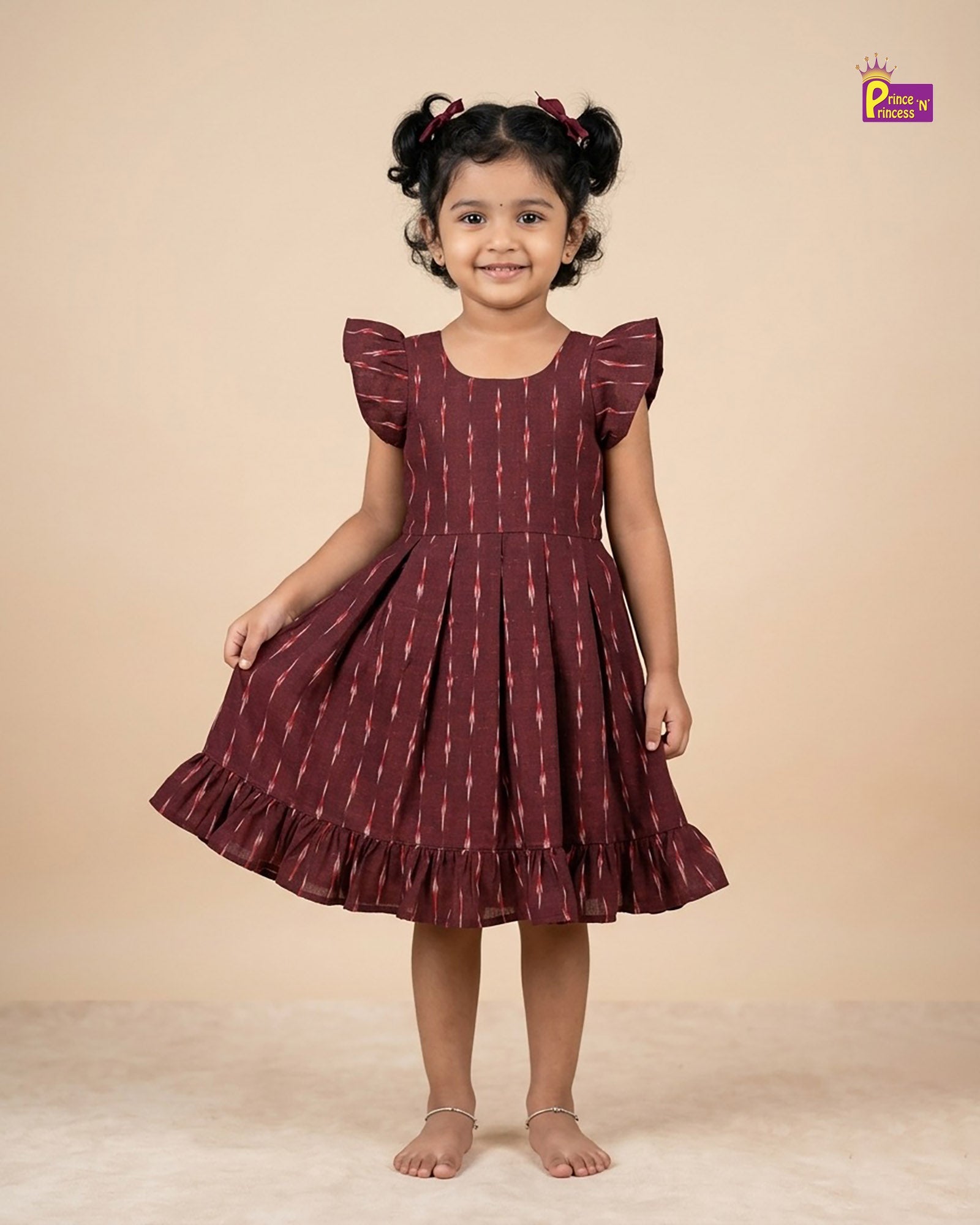 Kids Maroon Ikkat Cotton Frock CF418 for kids festival wear