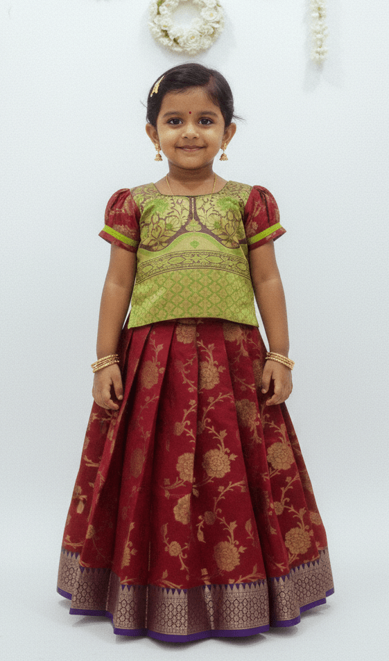 Kids Maroon Raw Silk Pattu pavadai PPP1259 - Prince N Princess