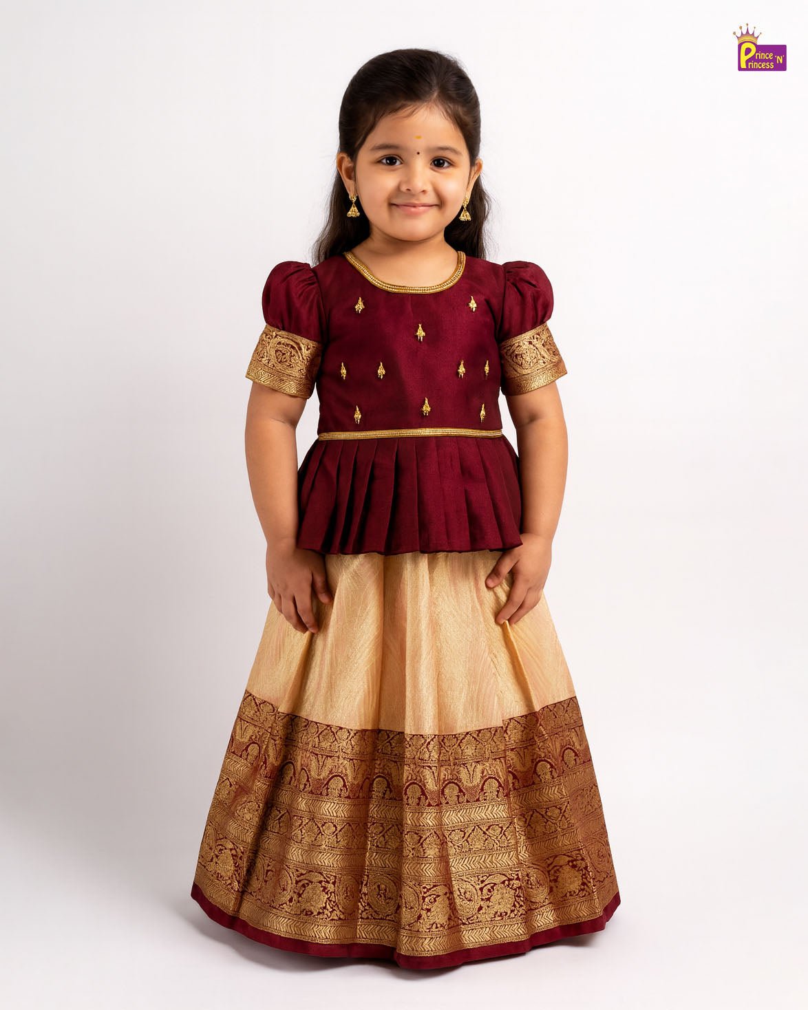 Pattu Pavadai with Aari Work Puff Sleeve - Dark Maroon Raw Silk princenprincess