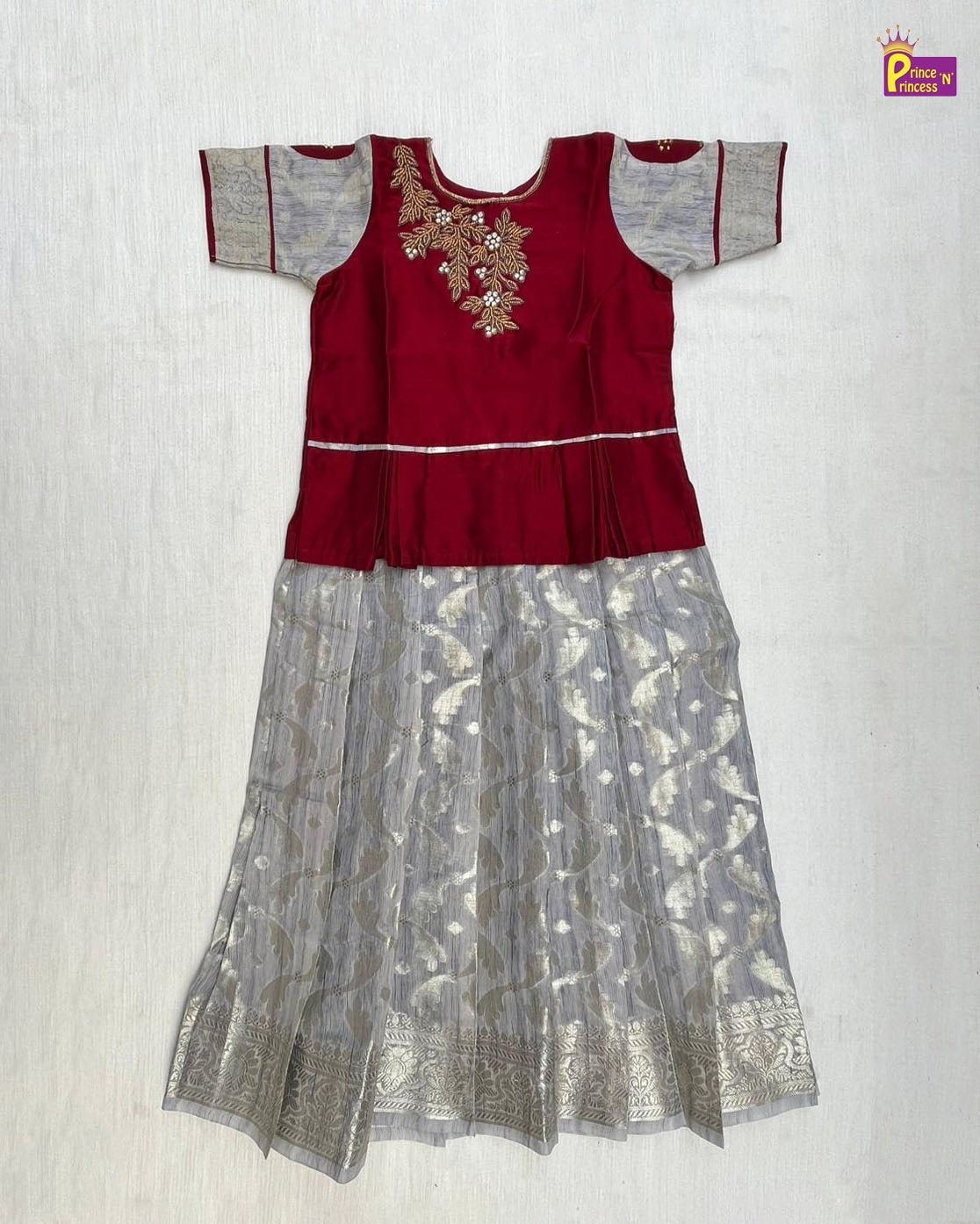 Kids Maroon With Grey Traditional Aari Pattupavadai PPP1625 - Prince N Princess