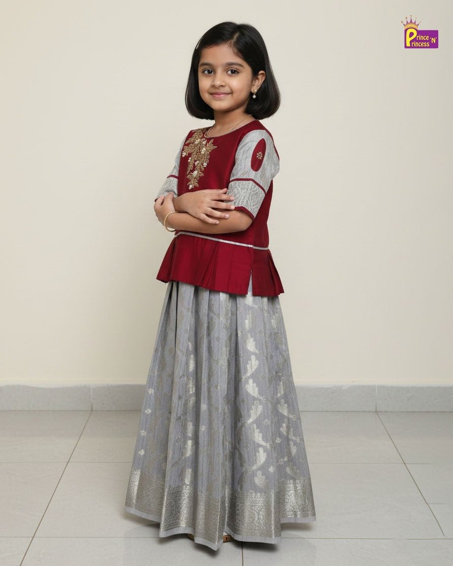 Kids Maroon With Grey Traditional Aari Pattupavadai PPP1625 - Prince N Princess