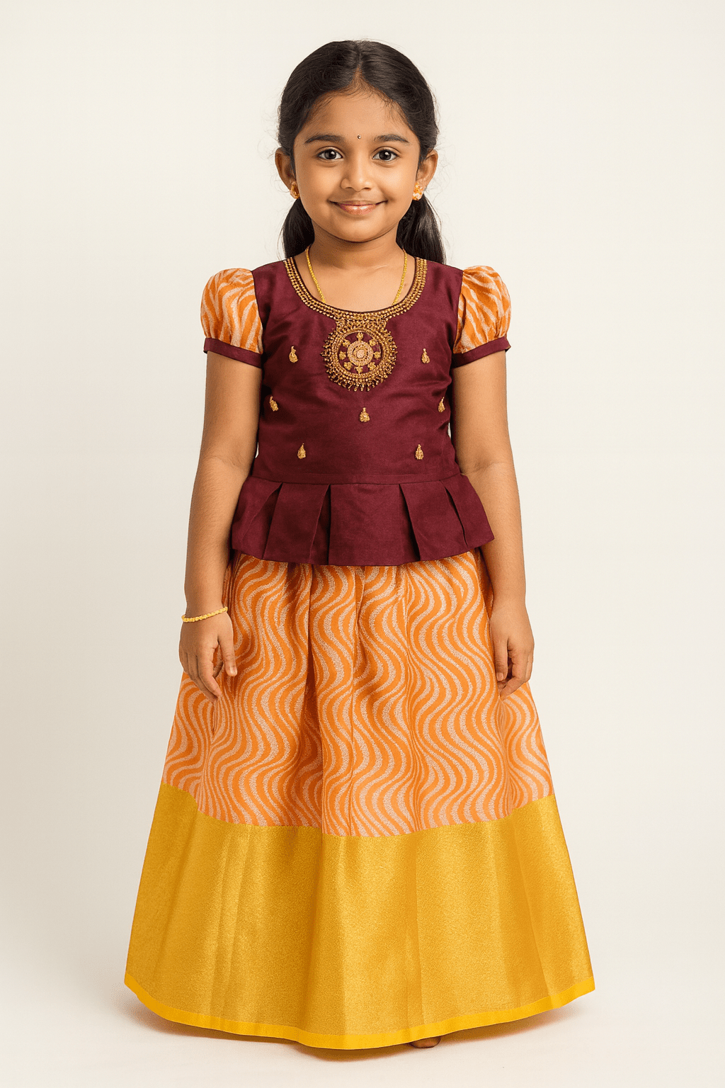 Kids Maroon with Peach Traditional Aari Pattupavadai PPP1789 - Prince N Princess