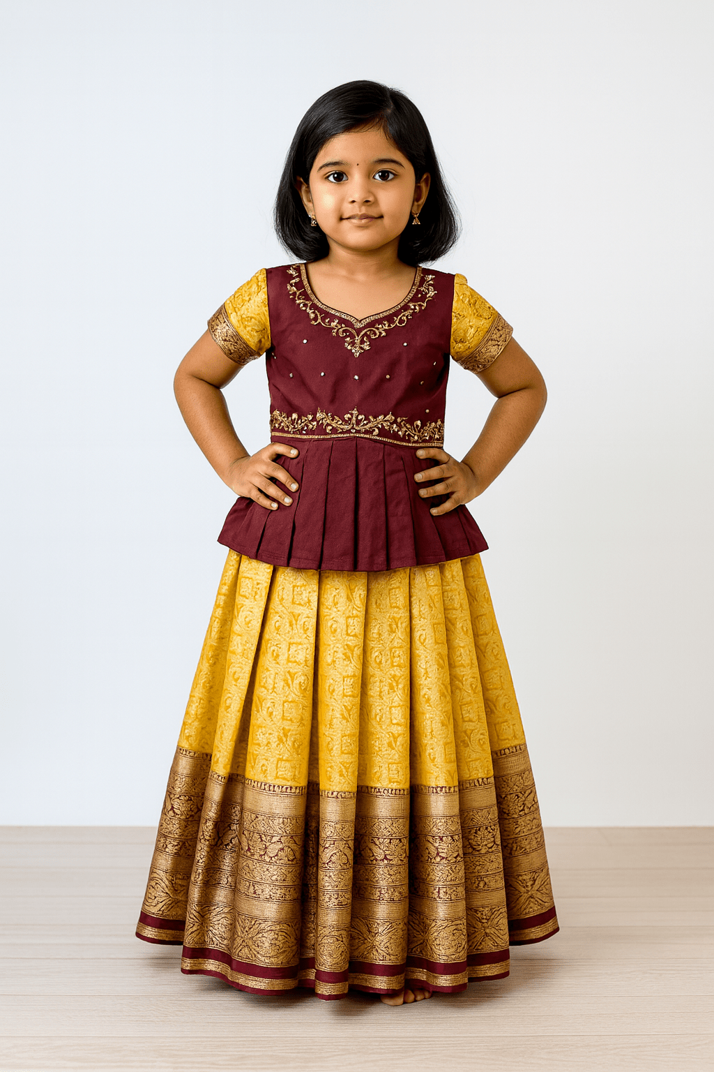 Kids Maroon Yellow Traditional Aari Pattupavadai PPP1803 ( We need 2 - 3 days of despatch time) - Prince N Princess