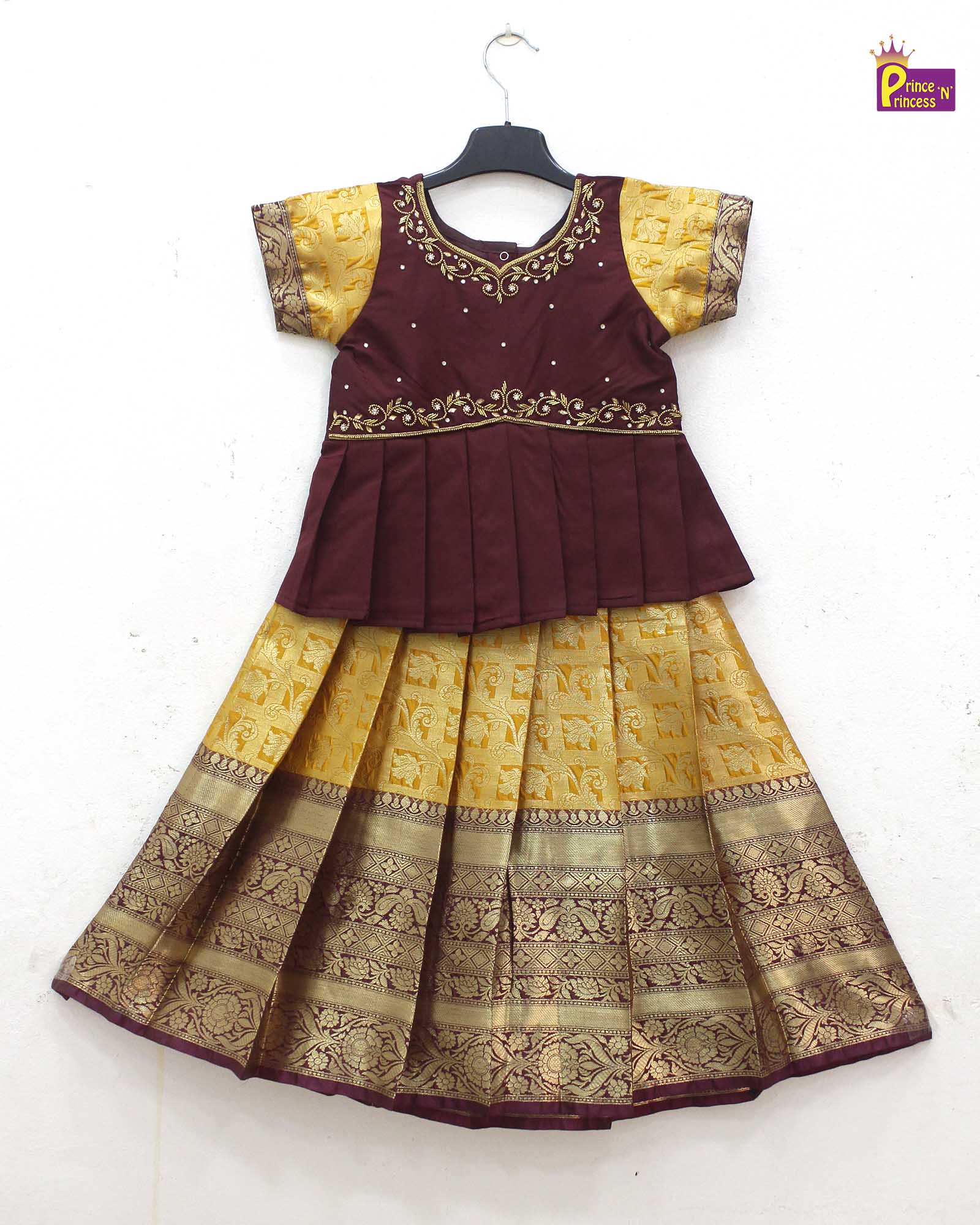 Kids Maroon Yellow Traditional Aari Pattupavadai PPP1803 ( We need 2 - 3 days of despatch time) - Prince N Princess