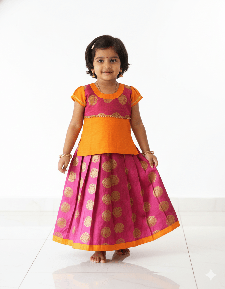 Kids Traditional Pattu Pavadai - Meganta with Orange Raw Silk │PPP506 - Prince N Princess