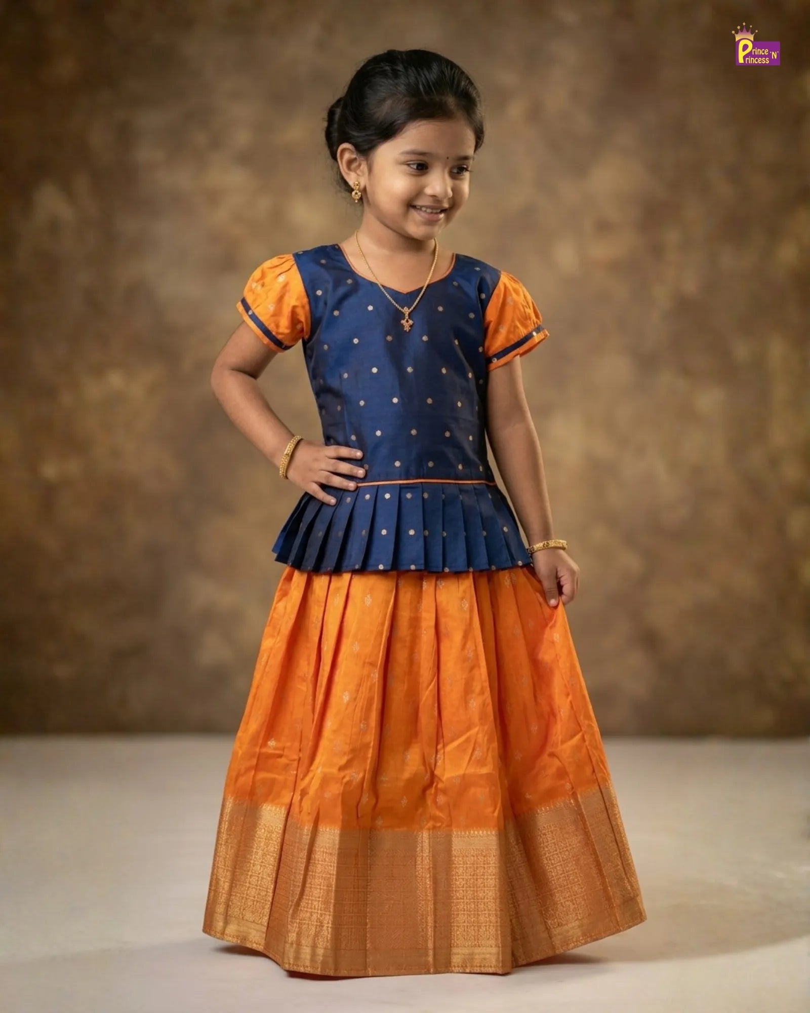 Kids Navy Blue Orange Traditional Pattu Pavadai PPP1172 for kids festival wear