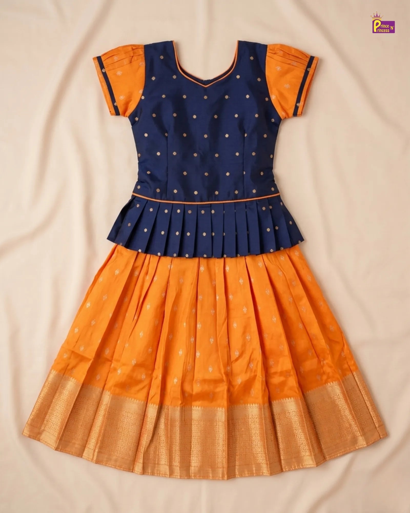 Kids Navy Blue Orange Traditional Pattu Pavadai PPP1172 for kids festival wear