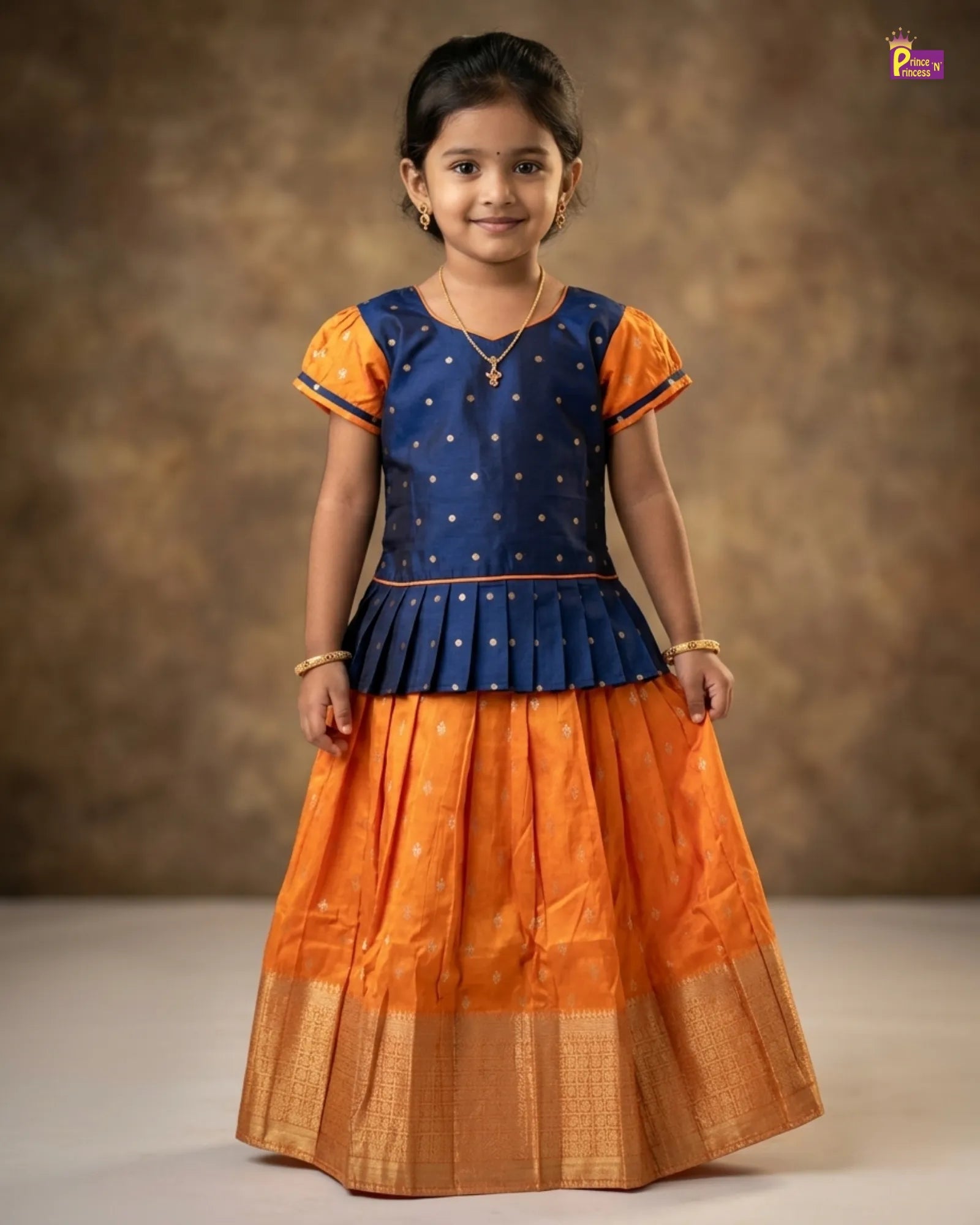 Kids Navy Blue Orange Traditional Pattu Pavadai PPP1172 for kids festival wear