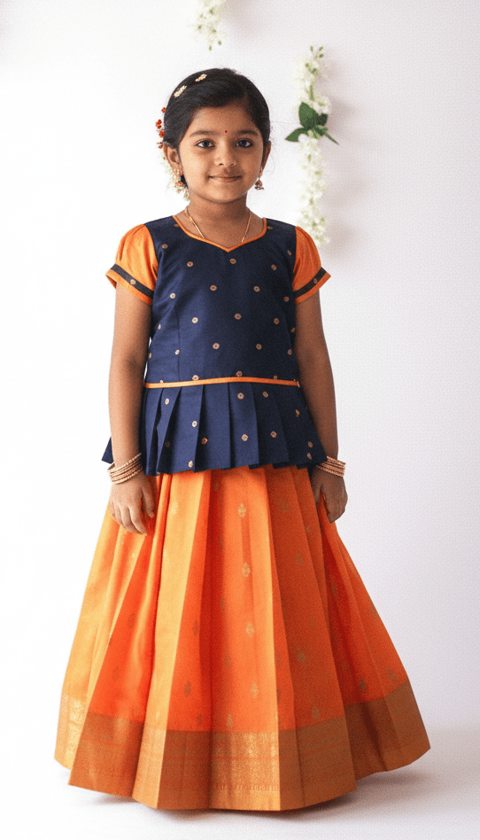 Kids Navy Blue Orange Traditional Pattu Pavadai PPP1172 - Prince N Princess