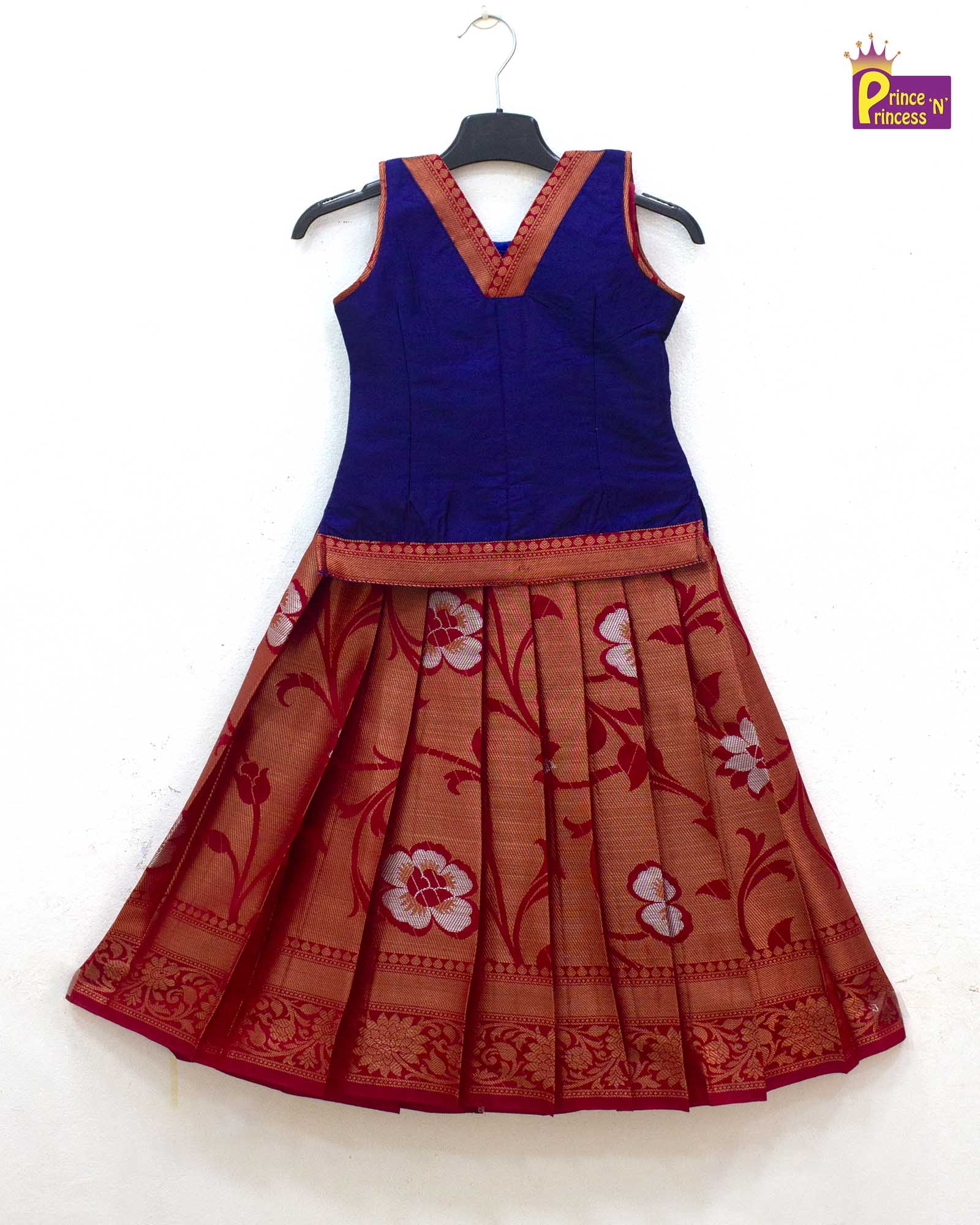 Kids Navy Blue Red Traditional Pattupavadai PPP1844 - Prince N Princess