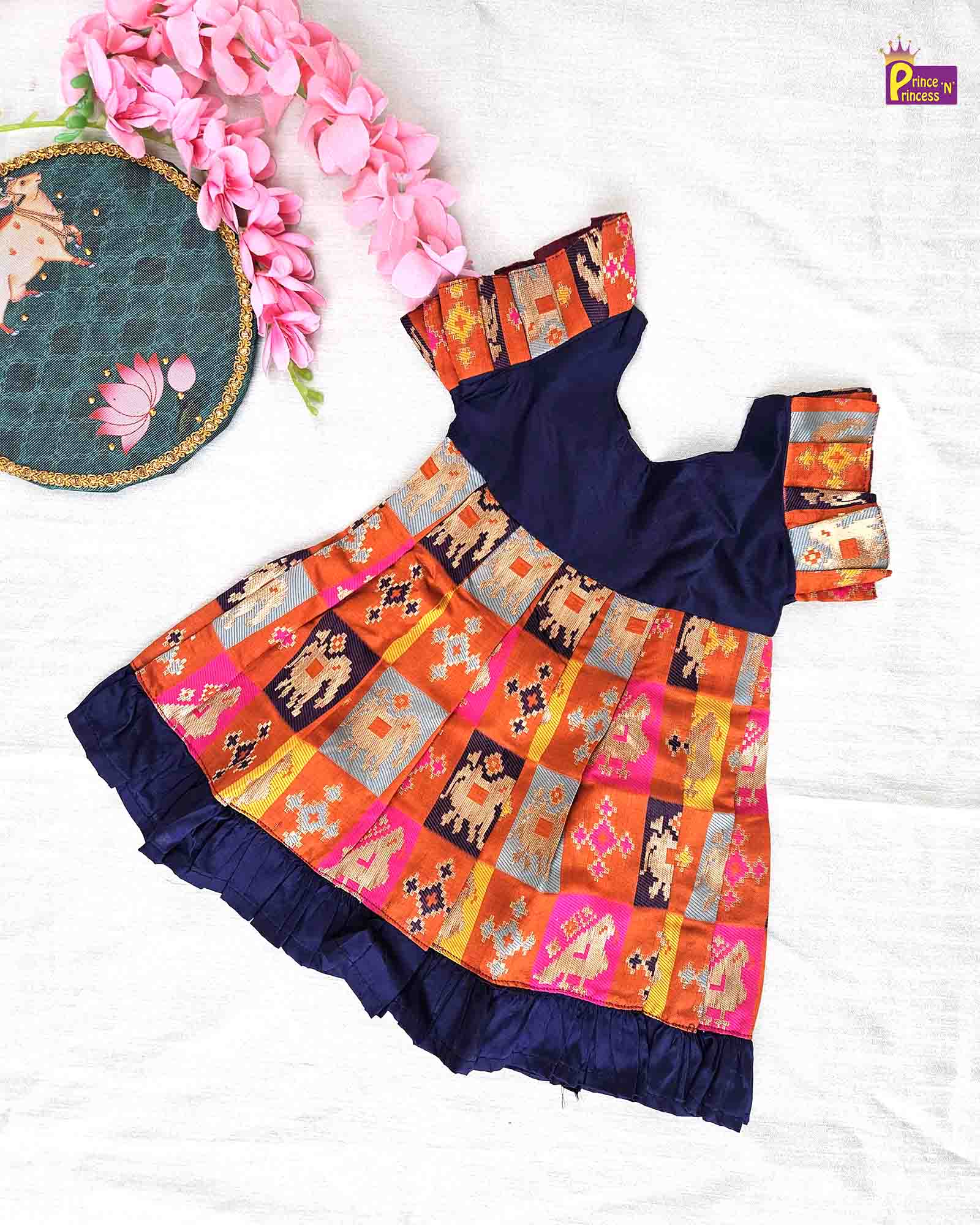 Kids Navy Orange Raw Silk Frock LF005 - Prince N Princess