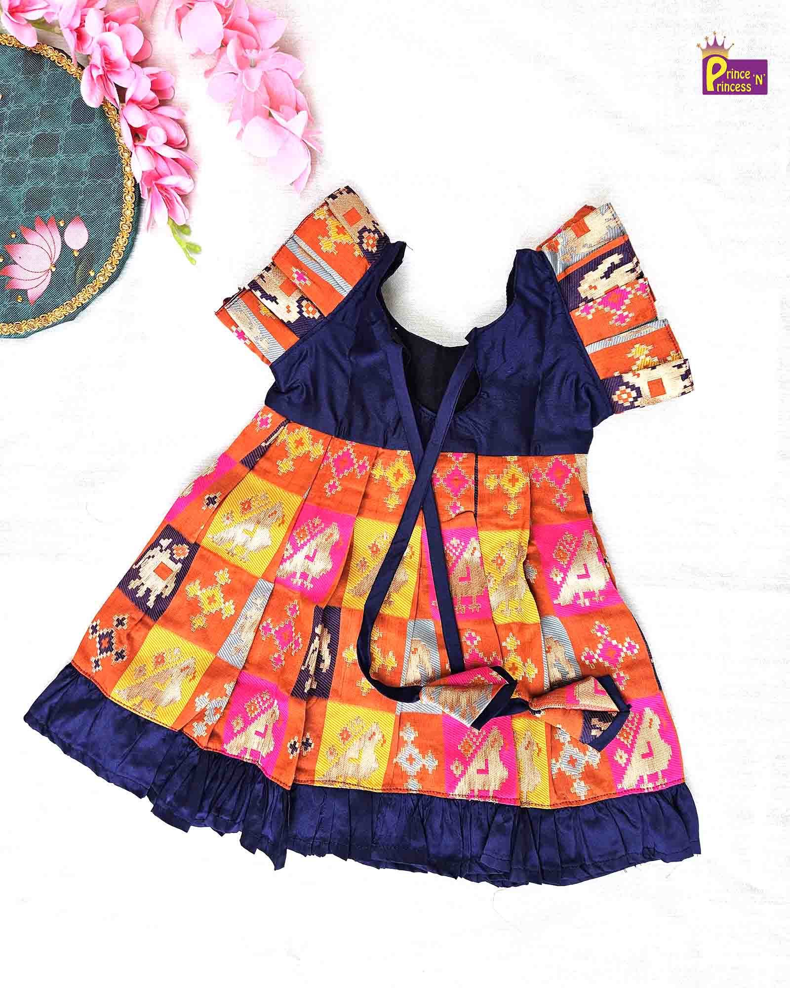 Kids Navy Orange Raw Silk Frock LF005 - Prince N Princess