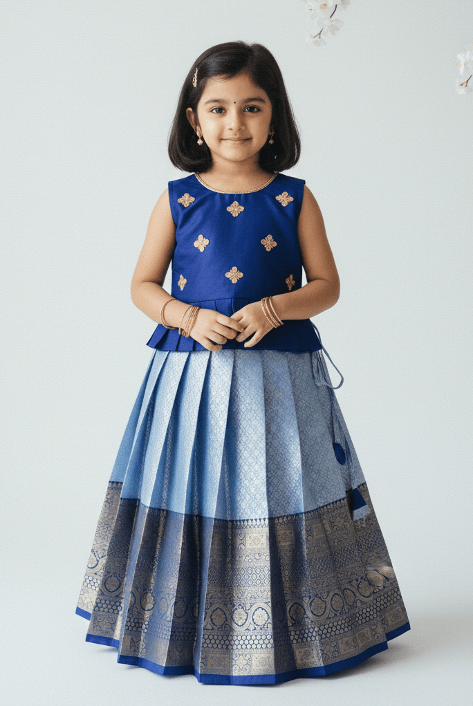 navy blue traditional pattu pavadai banarasi border festival dress princenprincess