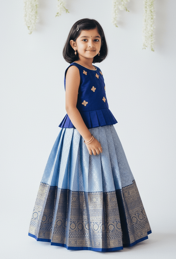 navy blue traditional pattu pavadai banarasi border festival dress princenprincess