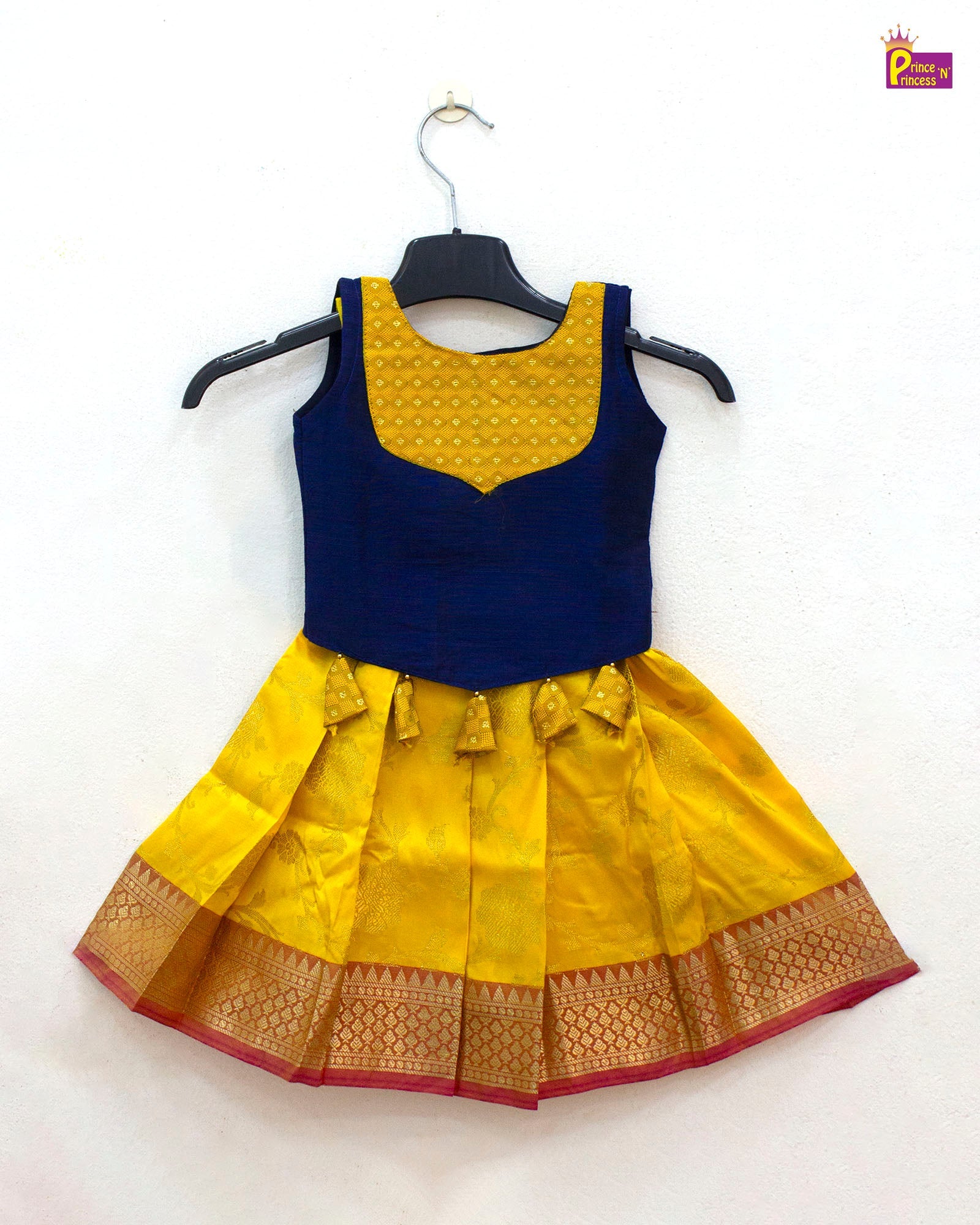 Traditional Pattu pavadai Yellow & Navy Blue Sleeveless - Prince N Princess