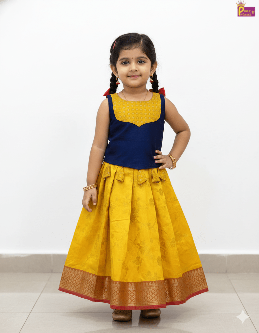 Traditional Pattu pavadai Yellow & Navy Blue Sleeveless - Prince N Princess