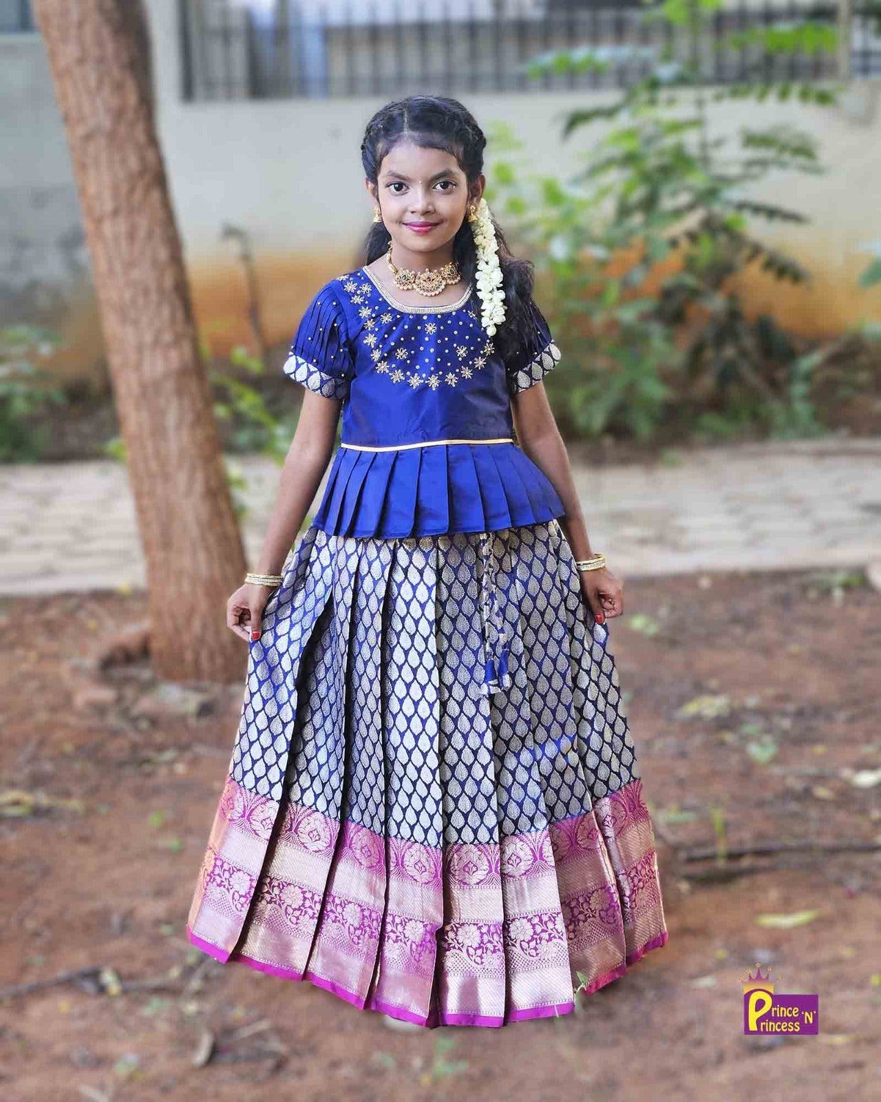 Kids Neavy Blue Traditional AARI Work pattu Pavadai PPP1544 - Prince N Princess