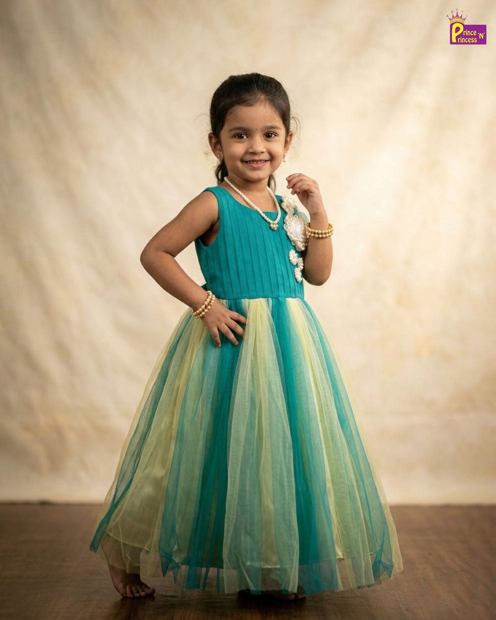 Kids Netted Full Gown Rama Green with Sandal WGF009 - Prince N Princess