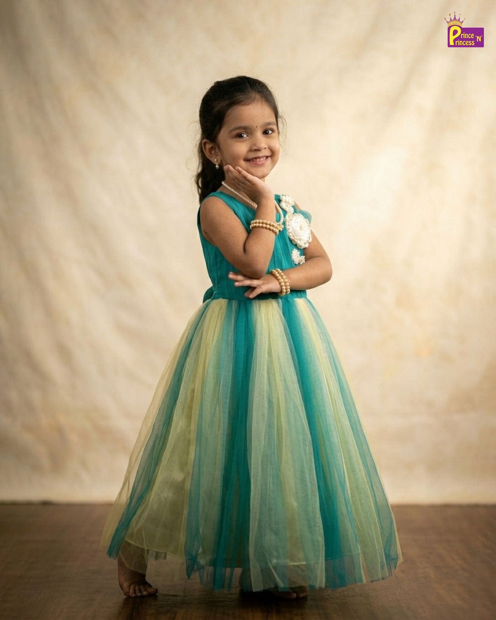 Kids Netted Full Gown Rama Green with Sandal WGF009 - Prince N Princess
