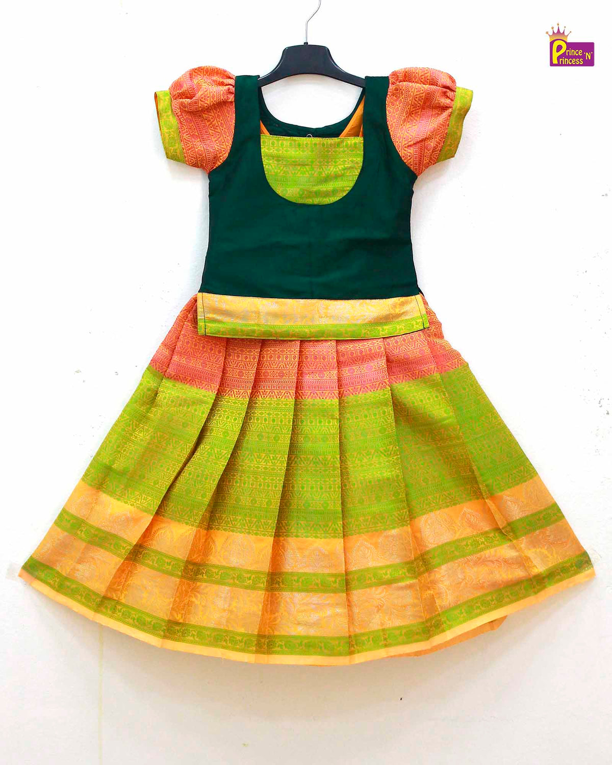 Kids Oramge and Dark green Traditional Pattupavadai PPP1594 for kids festival wear
