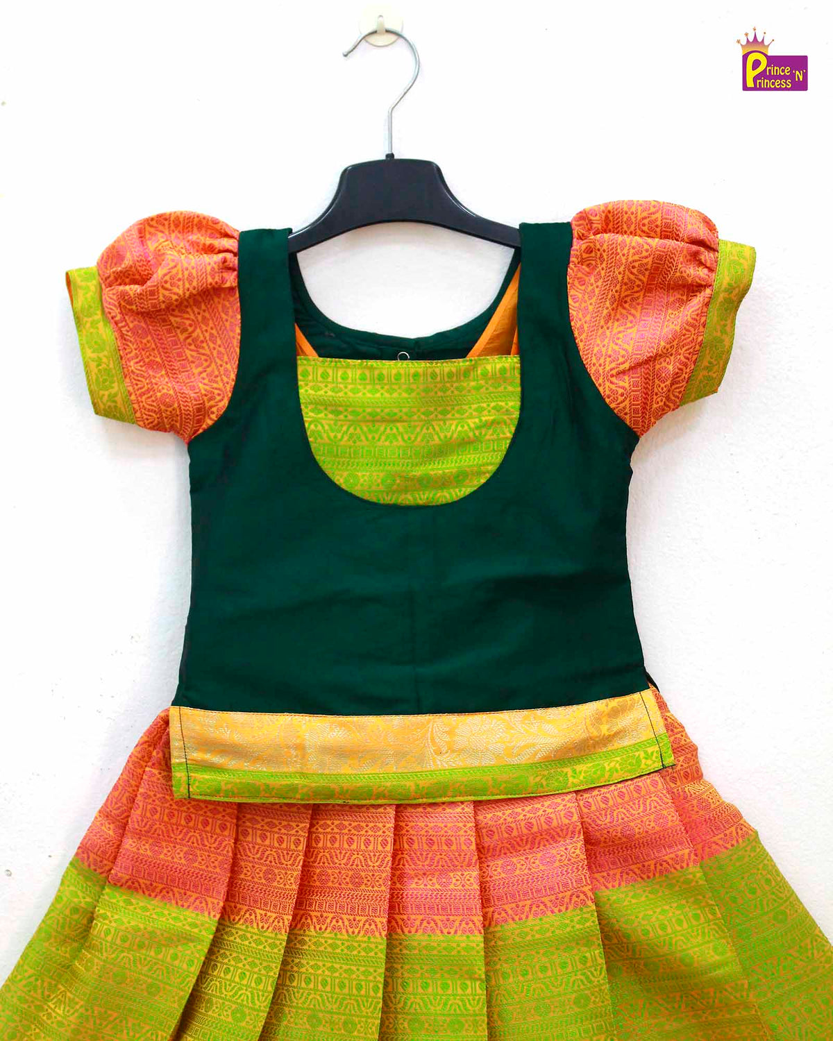 Kids Oramge and Dark green Traditional Pattupavadai PPP1594 for kids festival wear