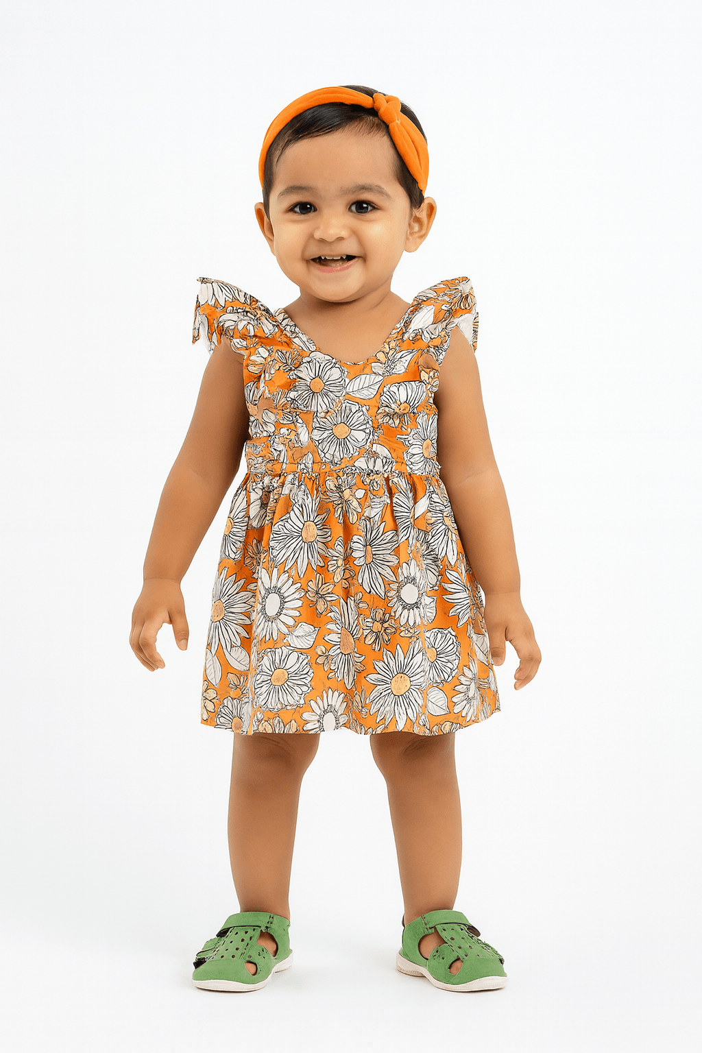 Kids Orange Floral Cotton Frock CF313 for kids festival wear