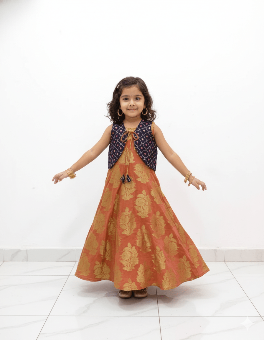 Kids Orange Navy Ethnic Coat Gown PG112 - Prince N Princess