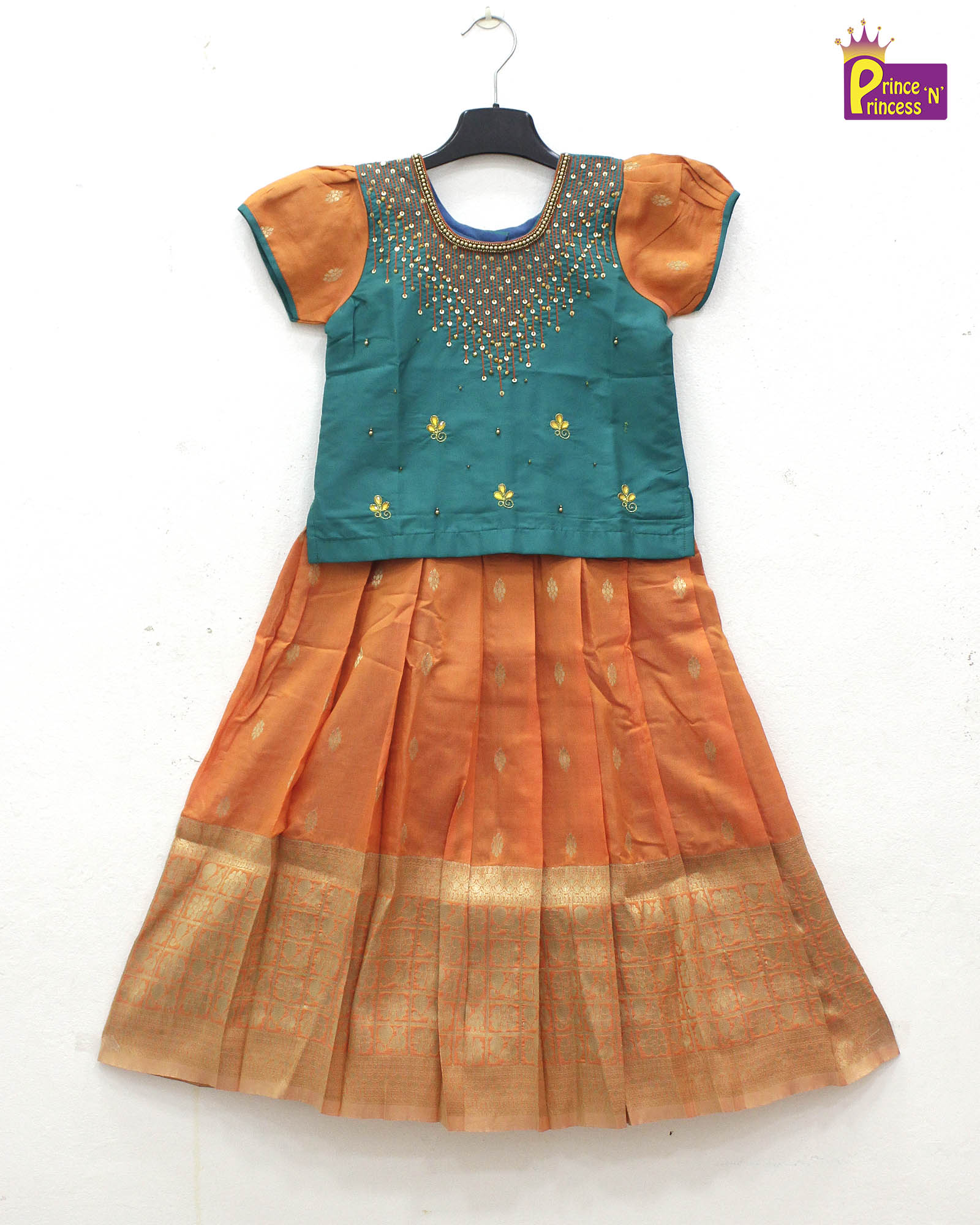 Kids Orange Ramagreen Embroidery Aari Work Pattu Pavadai PPP1053 - Prince N Princess