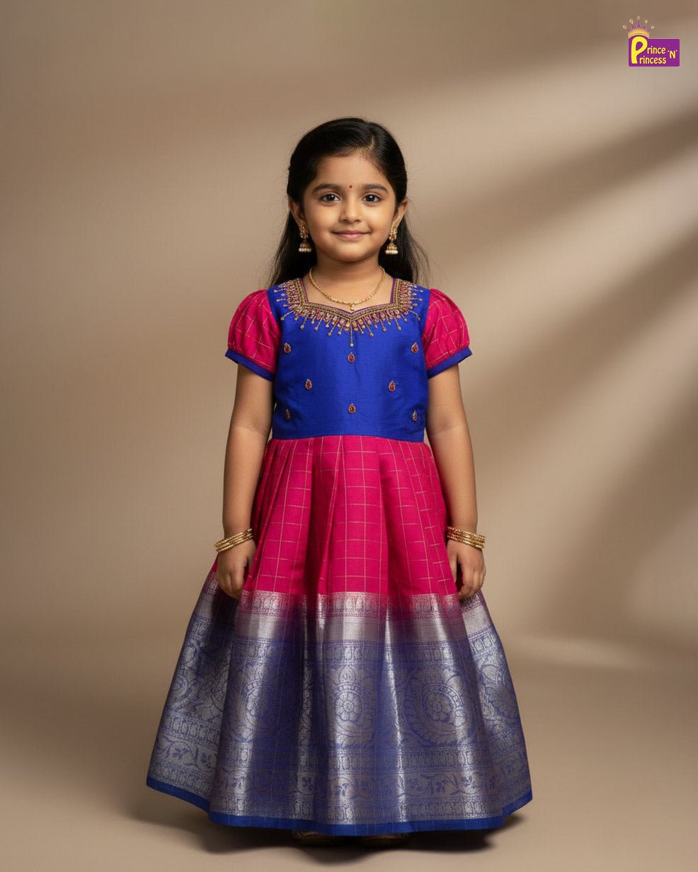 Kids Organza AARI Ethnic Party Gown in Pepsi Blue with Pink PG345 - Prince N Princess