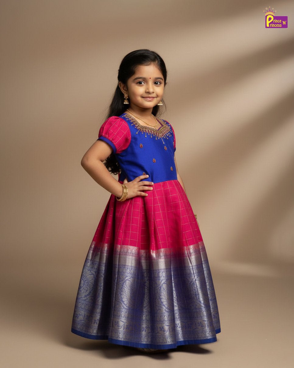 Kids Organza AARI Ethnic Party Gown in Pepsi Blue with Pink PG345 - Prince N Princess