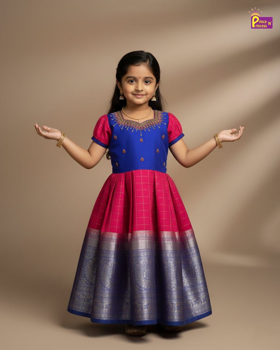 Kids Organza AARI Ethnic Party Gown in Pepsi Blue with Pink PG345 - Prince N Princess