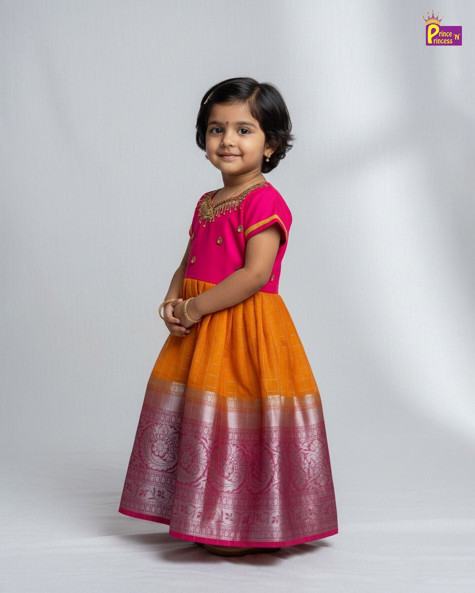 Kids Organza AARI Ethnic Party Gown in Pink with Mango Yellow PG197 - Prince N Princess