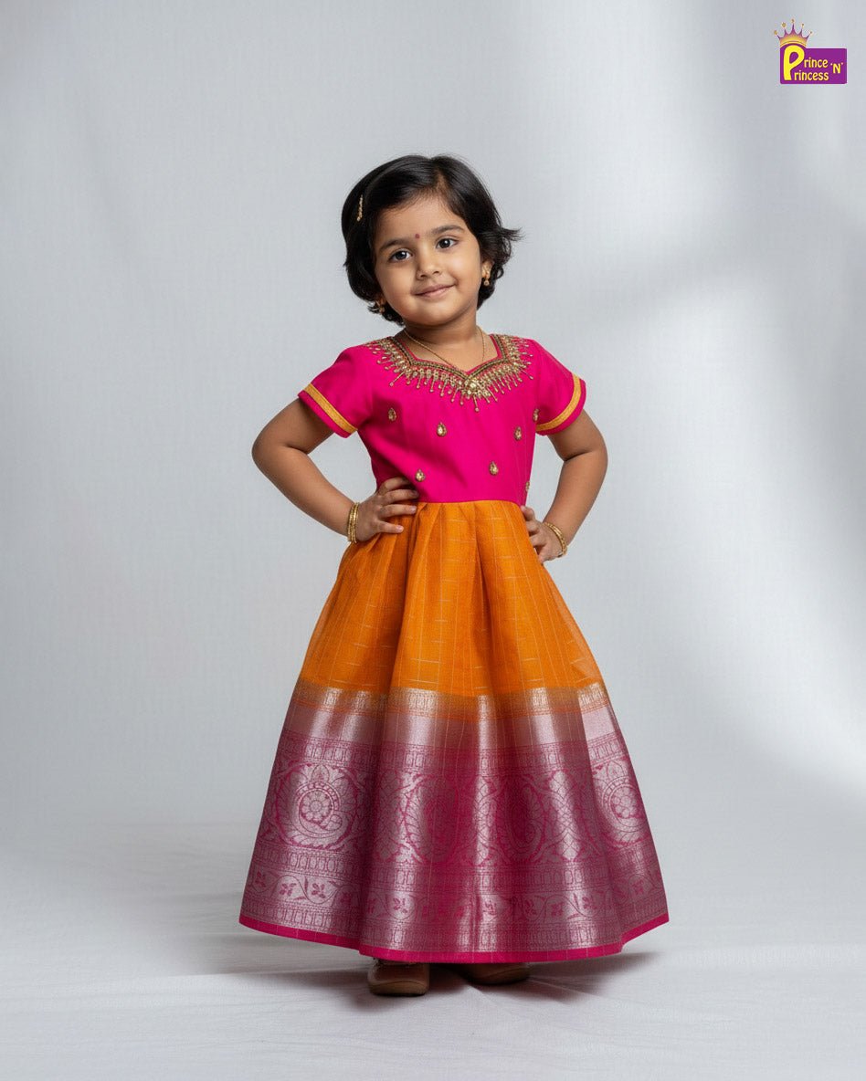 Kids Organza AARI Ethnic Party Gown in Pink with Mango Yellow PG197 - Prince N Princess
