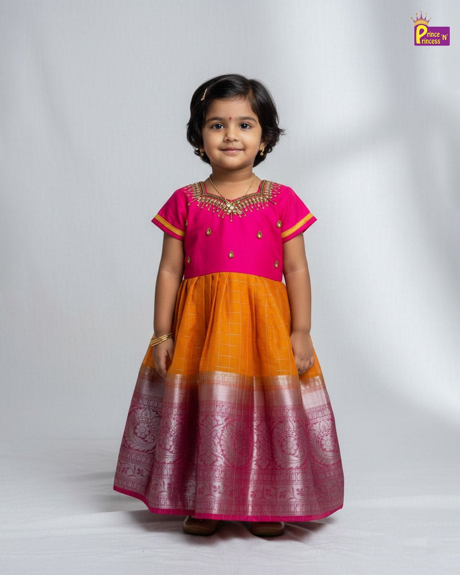 Kids Organza AARI Ethnic Party Gown in Pink with Mango Yellow PG197 - Prince N Princess