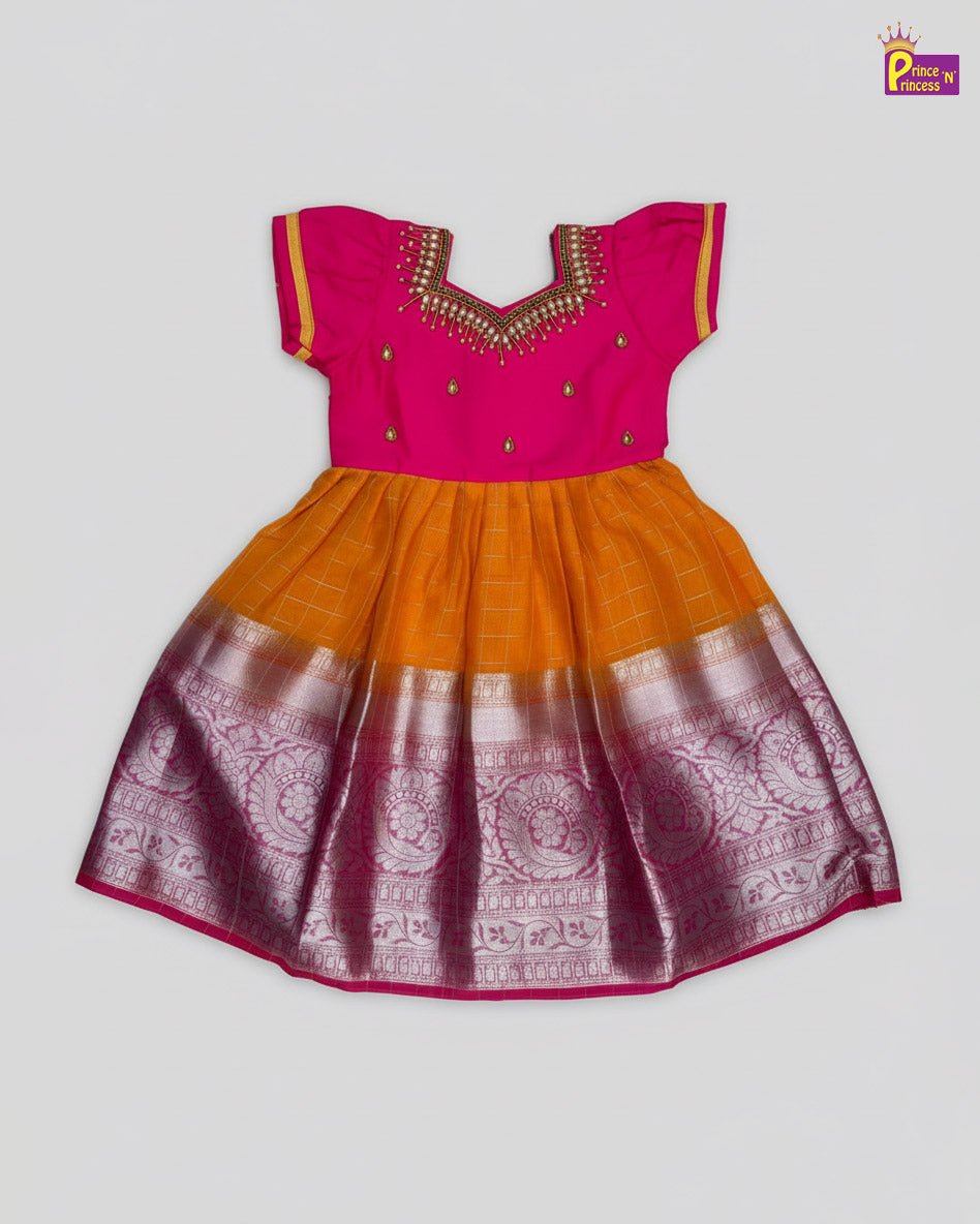 Kids Organza AARI Ethnic Party Gown in Pink with Mango Yellow PG197 - Prince N Princess