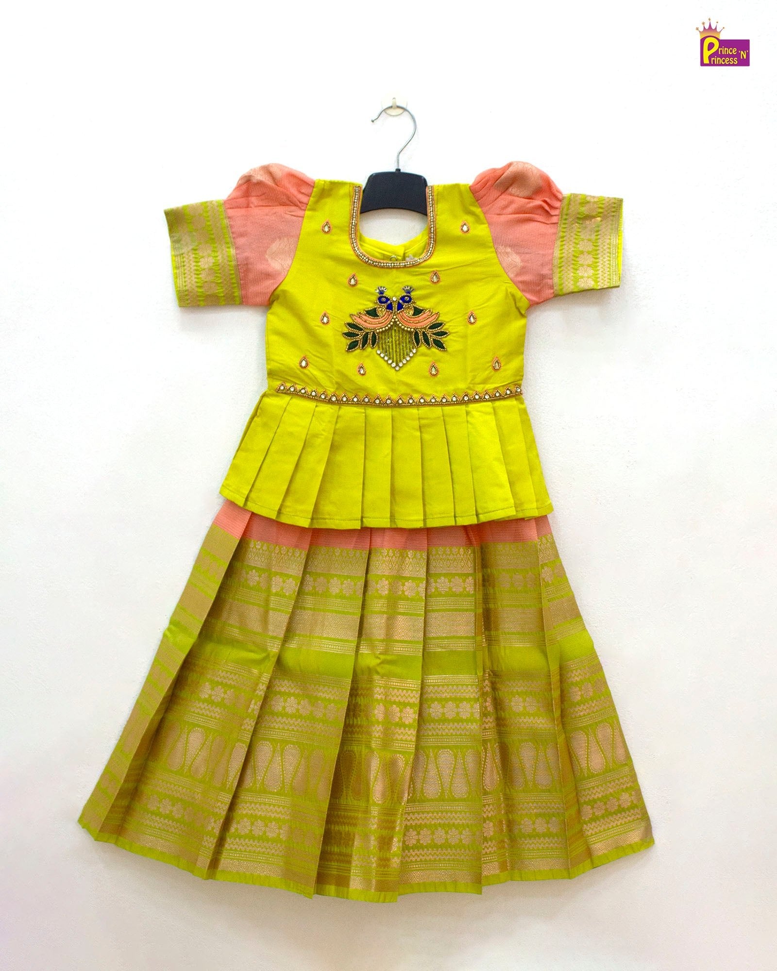 Kids Peach Blue Traditional AARI Work Pattu Pavadai PPP1800 - Prince N Princess
