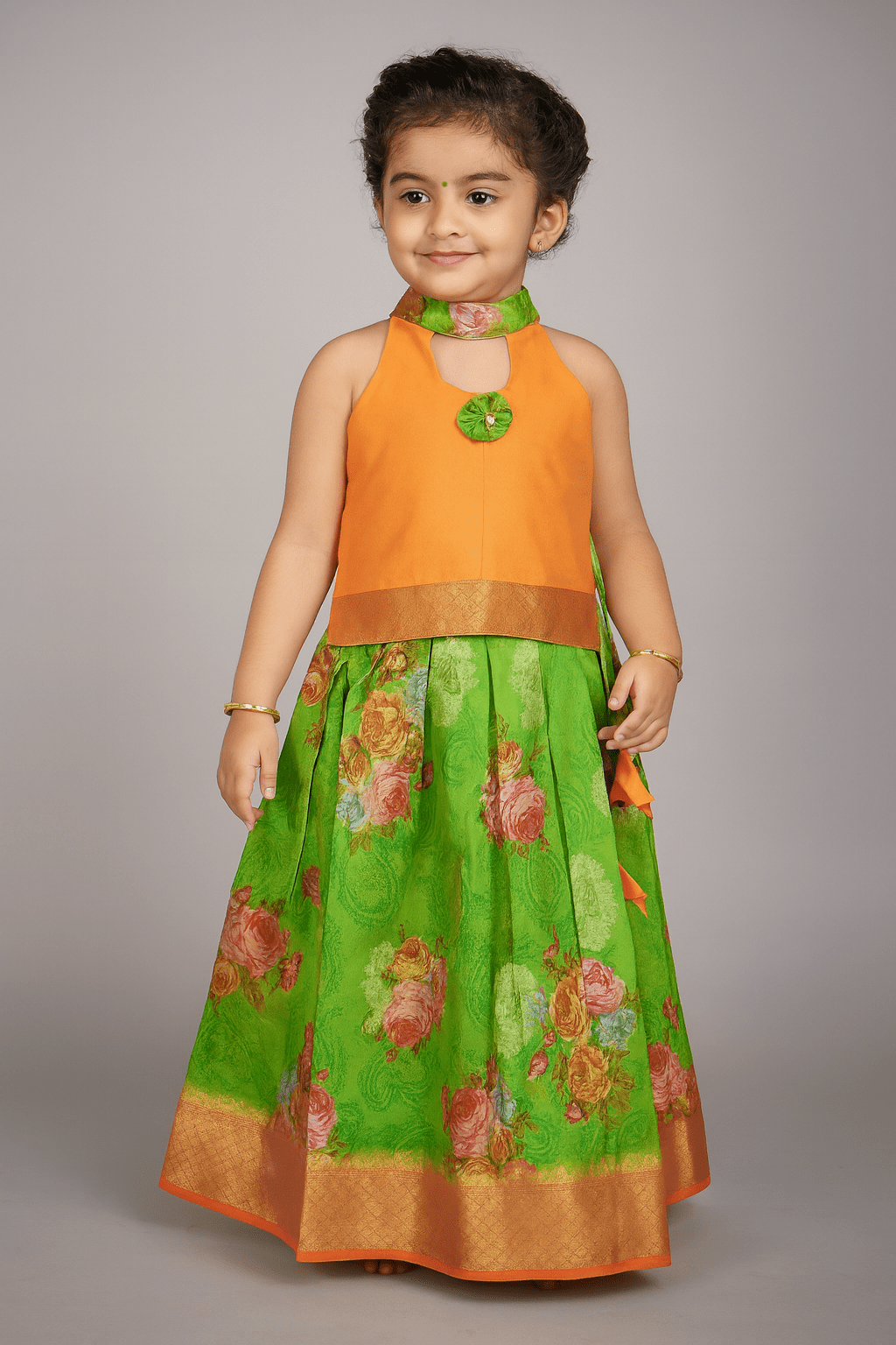 Kids Peach Halter Neck with Green Banarasi Digital Print Pattu pavadai PPP1281 - Prince N Princess
