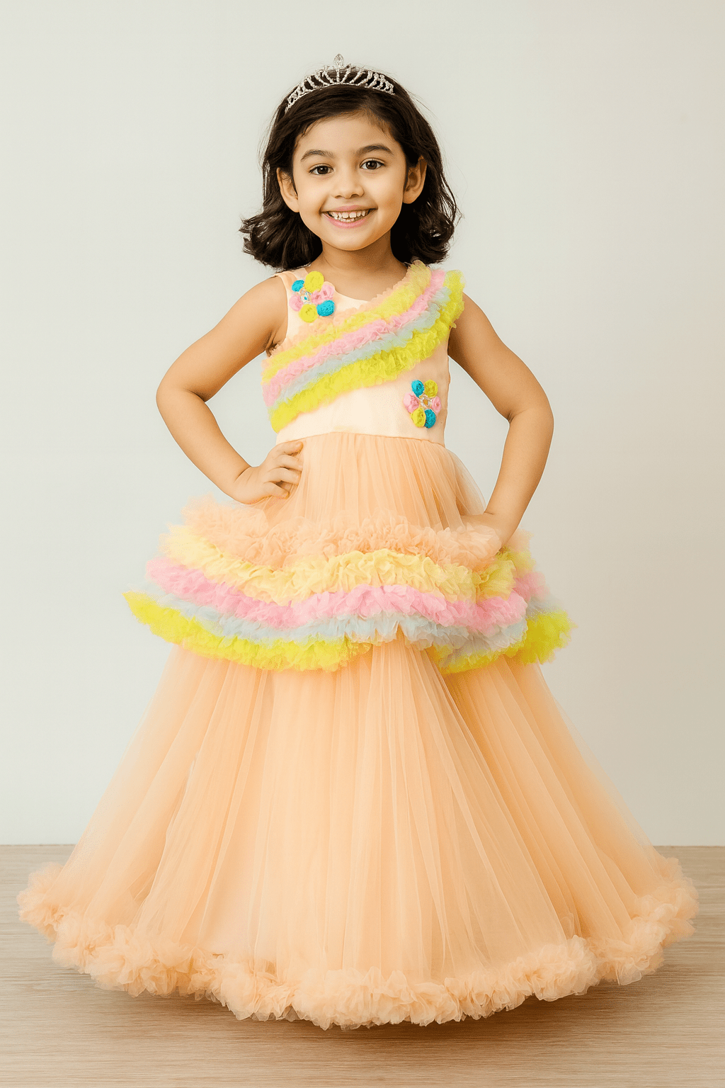 Kids Peach Orange Multicolour Birthday Gown BG145 - Prince N Princess