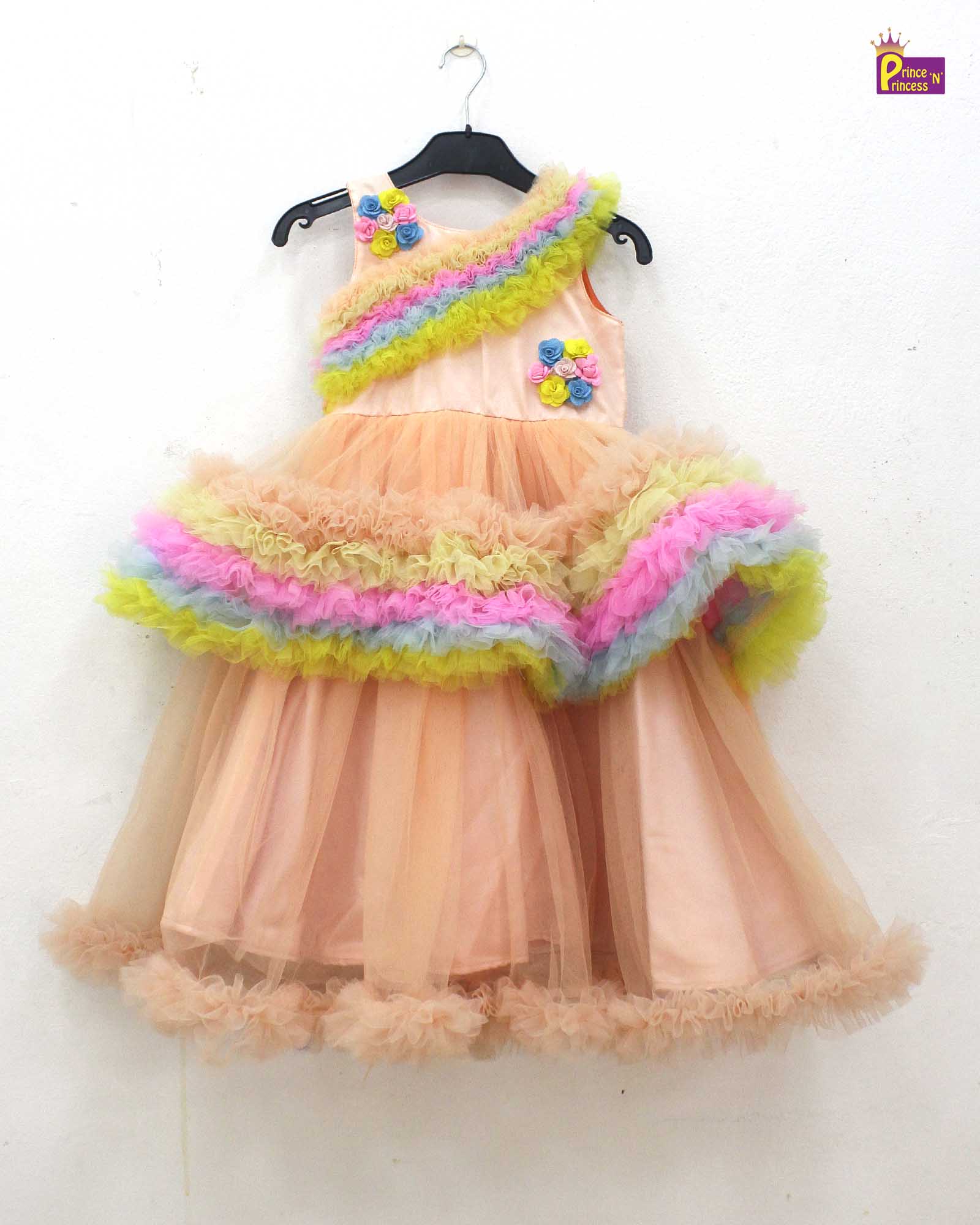 Kids Peach Orange Multicolour Birthday Gown BG145 - Prince N Princess