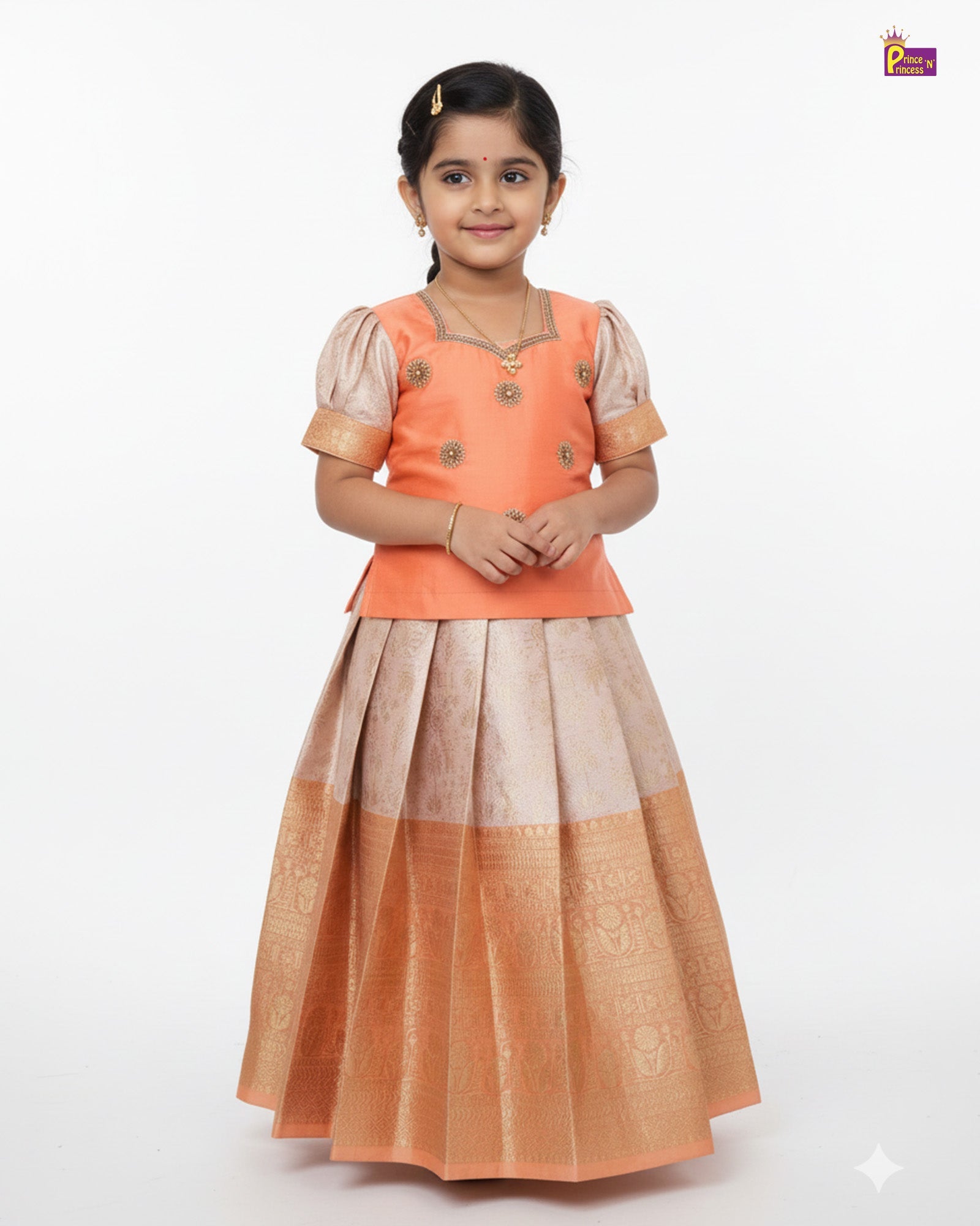 Kids Peach Traditional Aari Pattupavadai PPP1956 - Prince N Princess