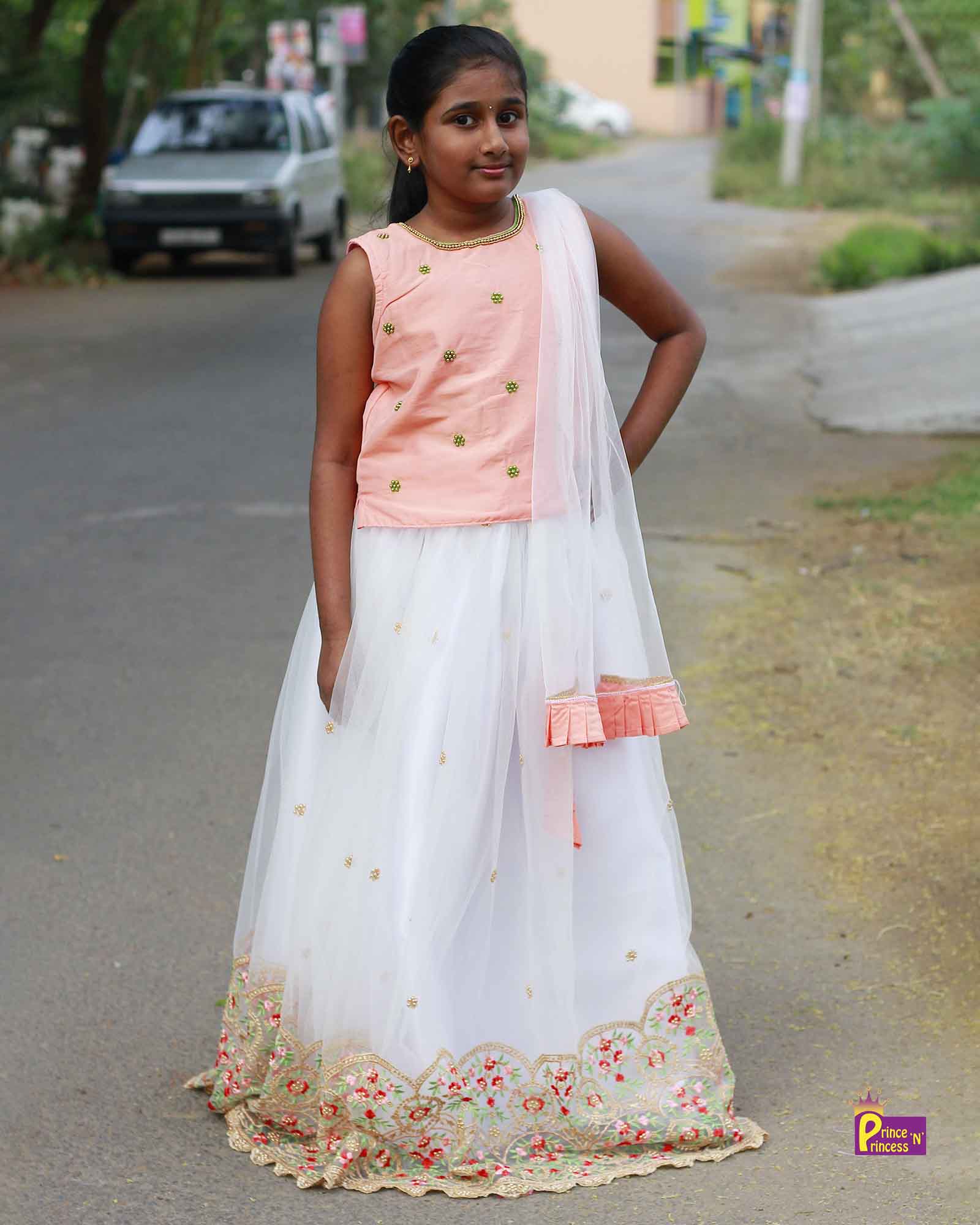 Kids Peach white Embroidery Border Lehenga Choli LC125 - Prince N Princess